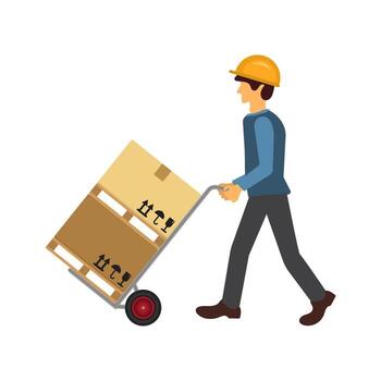 delivery man push cart with package box on white background. express delivery. vector