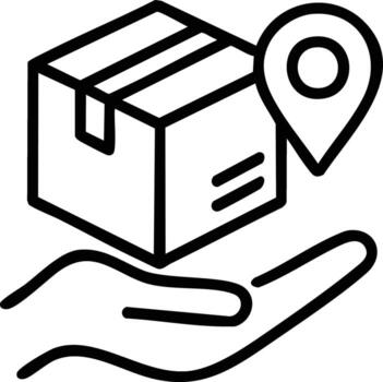 An outline icon of a package with a location pin. vector
