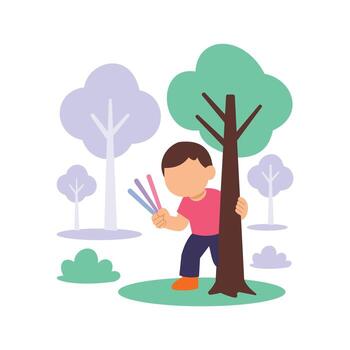 Boy with colorful sticks hiding behind tree vector