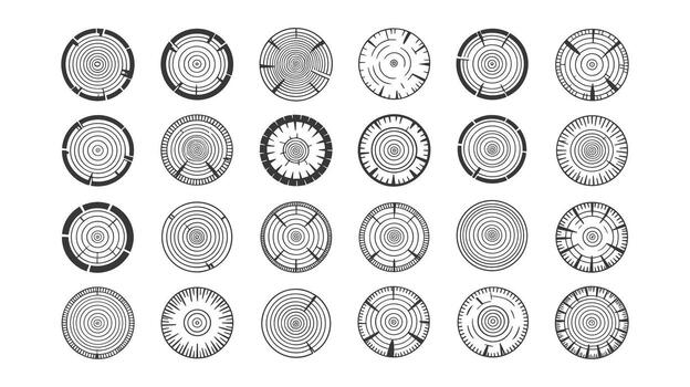 Collection of stylized wood grain and tree ring icons with varying patterns Keywords wood, tree, rings, grain, texture, circle, round, pattern, abstract, design, graphic, icon, set, collection vector