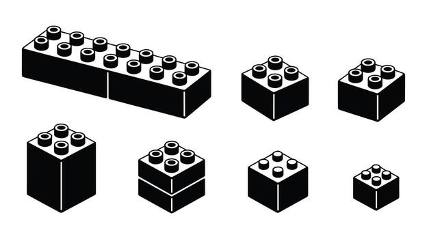 Black and white isometric illustrations of building blocks and construction toys Keywords building blocks, toy, construction, plastic, interlocking, studs, pegs, bricks, isometric, 3D, shape vector