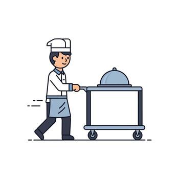 A man in a chef hat is pushing a cart with a tray on it vector