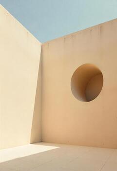 Minimalist architectural wall with circular opening casting geometric shadows. Clean lines and neutral tones create a striking visual effect under a clear sky. photo