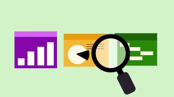 Animation of charts, graphs, and a magnifying glass, depicting data analysis video
