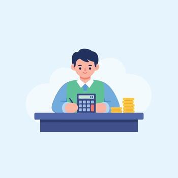 A man is sitting at a desk with a calculator and stacks of coins vector
