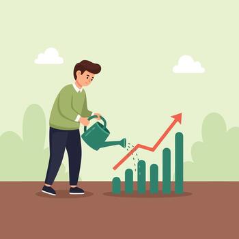 Man watering the chart with a watering can flat design illustration vector