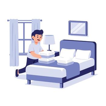 Man moving bed with sheets and pillow vector