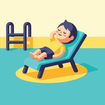 A boy relaxing in a chair by the pool vector