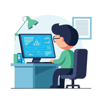 hombre trabajando en computadora con gráficos en pantalla vector