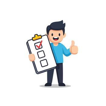 A man holding a clipboard with a check mark on it vector