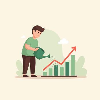 hombre riego un gráfico con un verde flecha vector