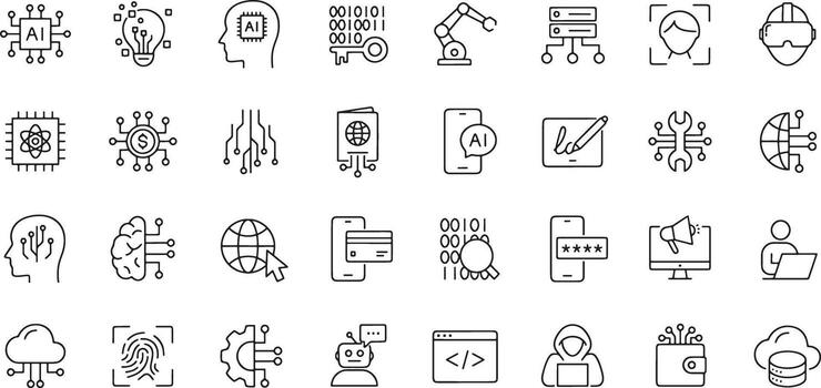 Collection of Technology and Artificial Intelligence Icons in Outline Style chip processor vector