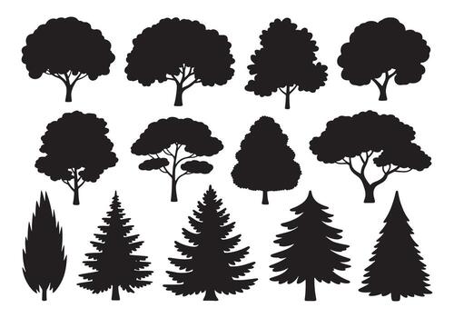 silhouette tree line drawing set, Side view, set of graphics trees elements outline symbol for architecture and landscape design drawing. vector