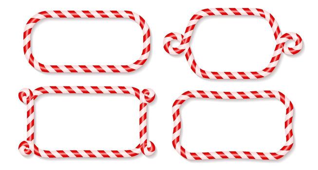 Christmas candy cane rectangle frames set with red and white stripe. Xmas border with striped candy lollipop pattern. Blank christmas and new year template. illustration isolated on white vector
