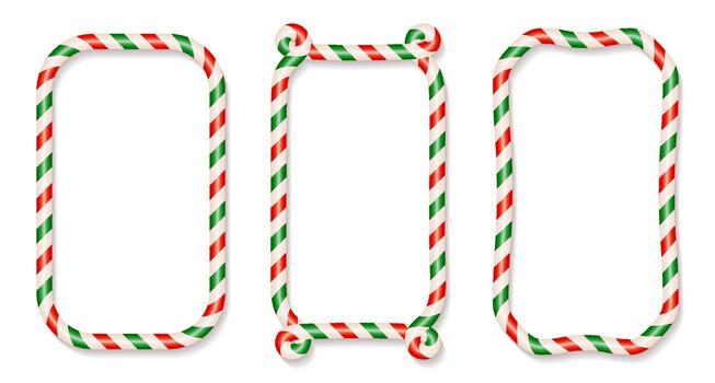 Candy cane frames set. Christmas border with red and green stripes collection. Striped xmas rectangle shapes with copy space. 3d elements with shadows vector