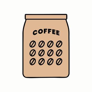 Minimalist flat design of a coffee packaging pouch with coffee bean pattern and modern typography on white background simple line art clean layout eco style vector