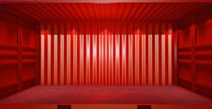 red shipping container without side wall. open empty red shipping container side view photo