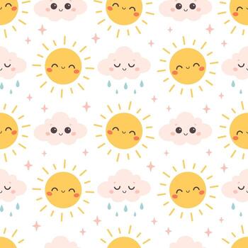 Cute seamless pattern with cloud and sun characters. Design for textile, wallpaper, wrapping paper, background and card vector