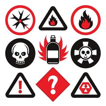 Collection of diverse warning and hazard signs in a graphic style, ideal for safety alerts and risk communication purposes across various sectors vector