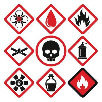 Set of universal graphic hazard warning symbols and safety icons for identifying dangerous materials and communicating risks effectively vector