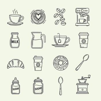 A comprehensive collection of outline icons representing coffee, tea, and breakfast essentials for cafe menus or morning routines in a modern, minimal style vector