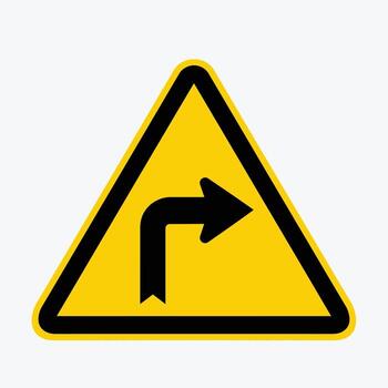 Sharp Right Turn Ahead Yellow Triangular Roadside Warning Sign Design vector