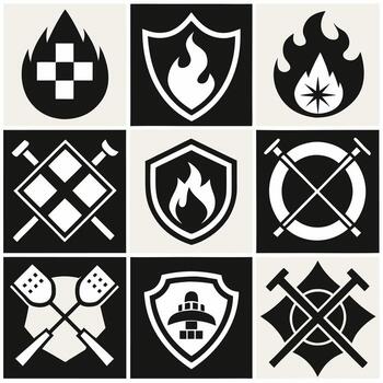 Set of nine unique firefighter emblem icons in black and white, designed for diverse applications vector
