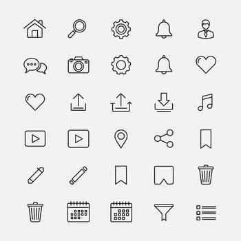 Essential outline icon pack for modern digital interfaces and application design. Versatile UI symbols for web and mobile projects vector