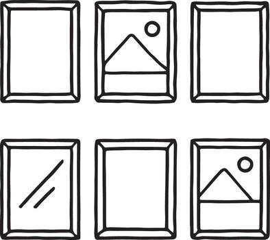 Collection of six hand-drawn frames, depicting empty spaces, reflections, and simple landscape illustrations vector