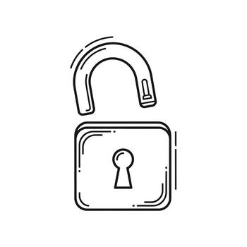 Minimalist line art illustration of an unlocked padlock, representing open access, security release, and digital freedom vector