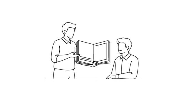 Line art illustration of a man presenting a book to another man in a minimalist setting conveying a sense of education and knowledge sharing vector