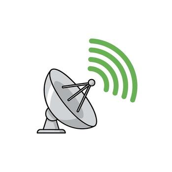 Satellite dish transmitting green signal waves on a white background representing global communication technology and connectivity in a modern world vector