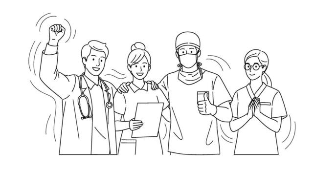Line art of a diverse team of healthcare professionals celebrating a victory in a hospital setting conveying a sense of unity achievement and optimism vector