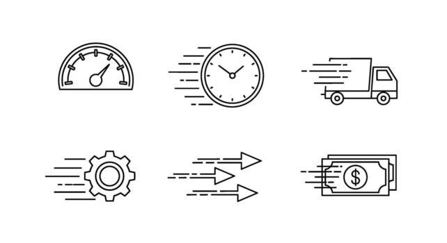 Dynamic line icons illustrating speed and efficiency in business featuring a speedometer clock delivery truck gear arrows and money conveying urgency vector