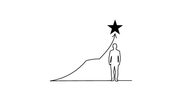 Minimalist line art of a person reaching for a star on a rising graph symbolizing ambition success and career growth in a competitive environment vector