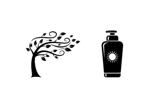Stylized tree blowing in the wind next to a bottle of sunscreen symbolizing protection from natures elements and the importance of skincare in the out vector