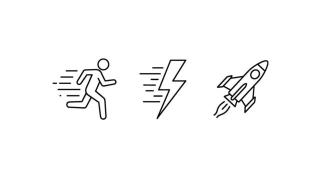 Dynamic icons depicting a running figure lightning bolt and rocket ship on a white background symbolizing speed energy and rapid growth with a minimal vector