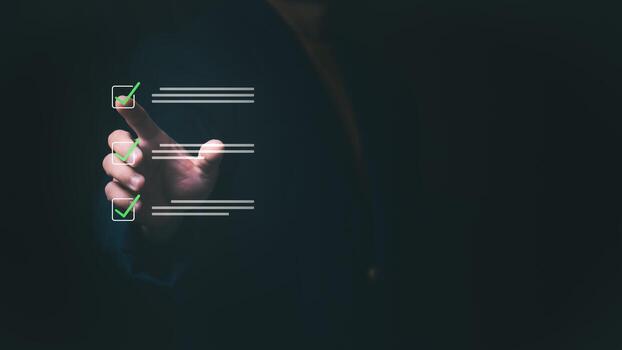 Document approval and quality control concept with experts reviewing and managing digital files, verifying checklists, and validating survey checkboxes for efficient workflow. photo