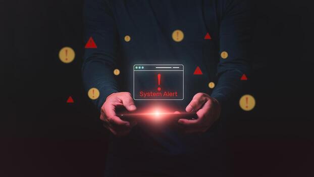 Cybersecurity alert for operating system failure with intrusion detection, computer network threats, virus attacks, and cybercrime risks photo