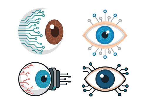 Futuristic bionic eye implants with circuit board designs representing advanced technology and the concept of cybernetics in a digital environment vector