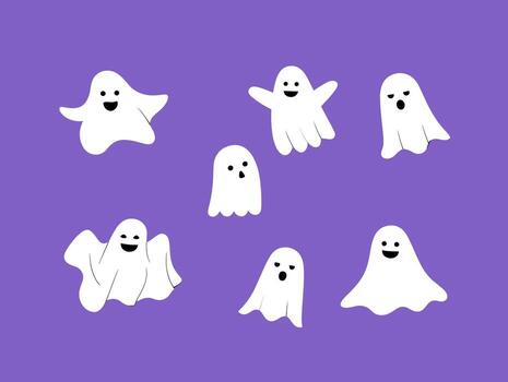 Playful cartoon ghosts floating on a purple background creating a spooky and fun Halloween atmosphere with cute and friendly spirits vector