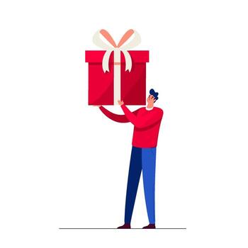 Smiling man holding a large red gift box with a white ribbon in a minimalist setting conveying a sense of celebration and generosity vector