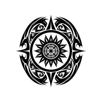Tribal sun mandala, a black and white circular design featuring a central sun motif surrounded by intricate tribal patterns and sharp, symmetrical elements vector