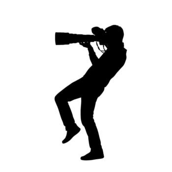 Silhouette of a focused photographer aiming with a telephoto lens in an outdoor setting capturing a dynamic moment with precision and skill vector