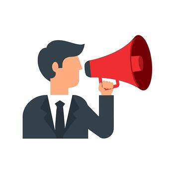 Determined businessman announcing with a red megaphone on a white background conveying a message of urgency and importance in a minimalist style vector