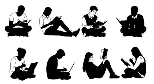 Diverse group of students studying and reading books and laptops while sitting on the floor in a relaxed and focused learning environment illustration vector