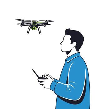 Focused man piloting a modern drone with a remote control in an outdoor setting showcasing precision and control for aerial photography and videograph vector