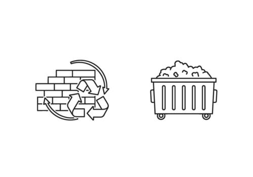 Outline illustration showcasing construction waste recycling and disposal emphasizing eco-friendly practices in building and demolition projects promo vector