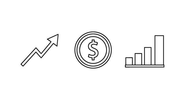 Minimalist line art depicting financial growth with an upward arrow dollar coin and rising bar graph on a clean white background symbolizing success vector