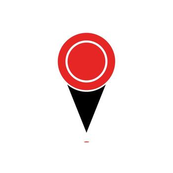 A stylized map marker with a red circle and a black triangle on a white background with a shadow vector